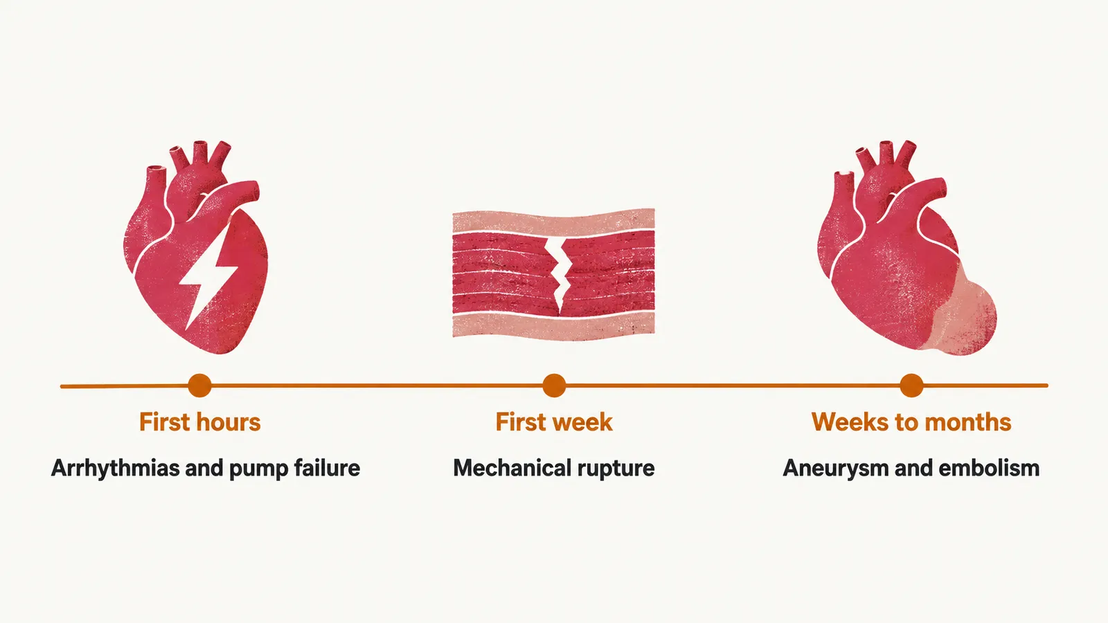 Three timeline bands. The first hours hold a heart with a lightning zigzag, the first week a torn wall strip, and the weeks to months a heart with a bulging apex.