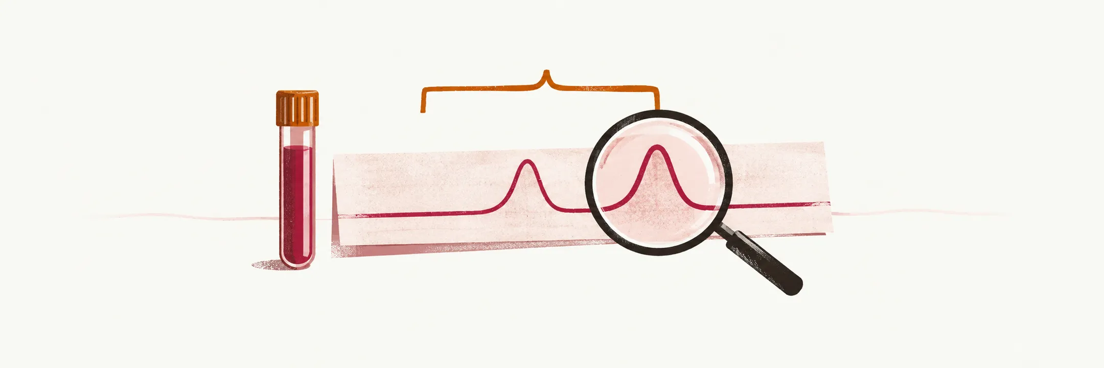 A flat paper strip with one crimson trace that rises in a hump, beside a small blood tube and a magnifying lens under a saffron bracket.