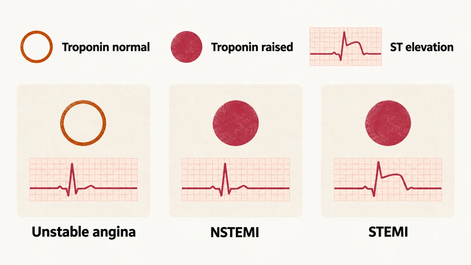 Three flat cards in a row, each with a strip. Unstable angina shows a hollow circle above it, NSTEMI a filled red circle, and STEMI a filled red circle over a strip with a raised hump.