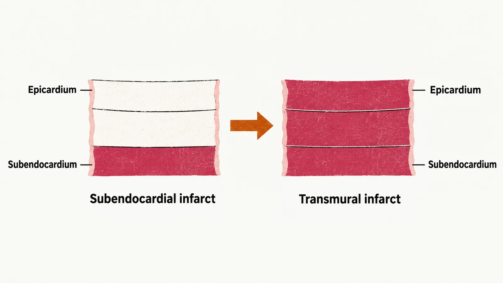 Two wall strips: left, only the innermost layer is shaded crimson for a subendocardial infarct; right, every layer is shaded for a transmural infarct; a saffron arrow points outward.