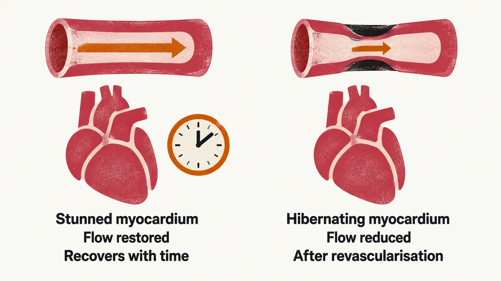 Two panels. Left, an open vessel above a heart for stunned myocardium, with its recovery line below; right, a narrowed vessel above a heart for hibernating myocardium.
