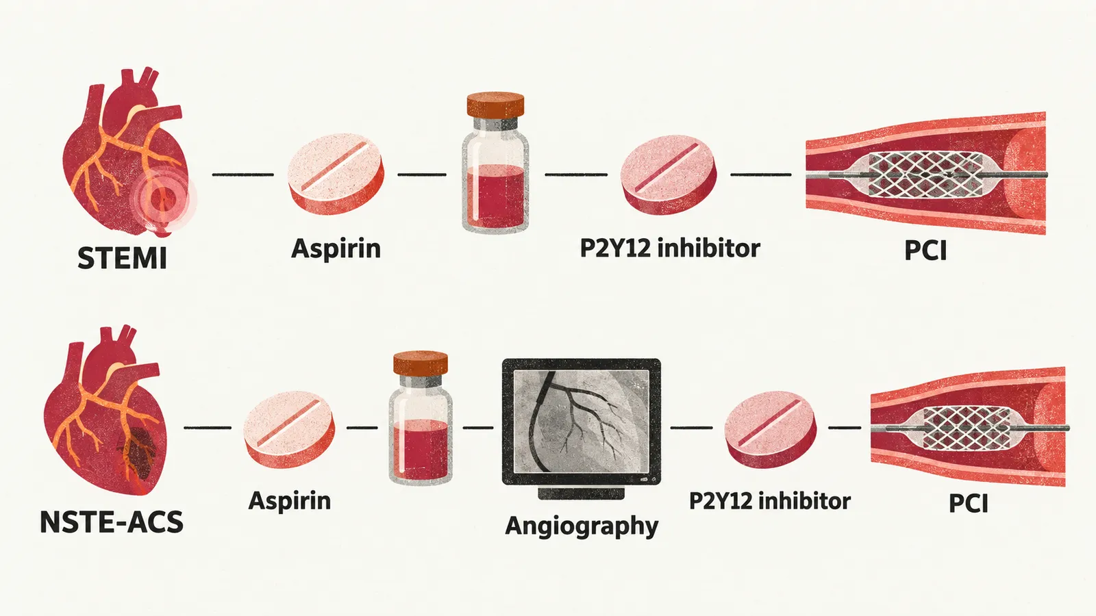 Two rows of flat icons. The STEMI row runs aspirin, a vial, a P2Y12 tablet and PCI; the NSTE-ACS row runs the same start but places angiography before the P2Y12 tablet.