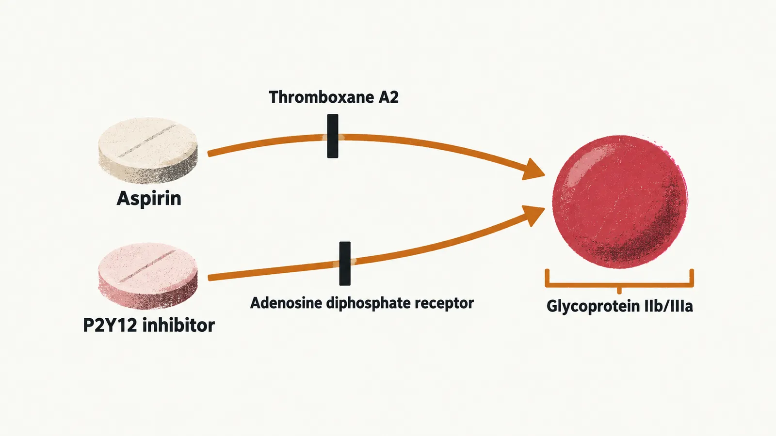 Two saffron arrows from tablets labelled aspirin and P2Y12 inhibitor cross barred routes and converge on a crimson platelet disc, with a bracket below labelled glycoprotein IIb/IIIa.