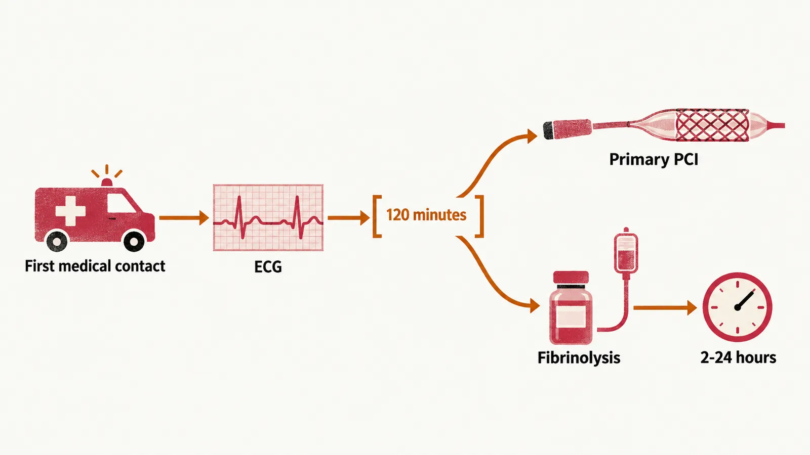 A path from an ambulance labelled First medical contact to an ECG strip, then a fork at a bracket labelled 120 minutes into primary PCI and fibrinolysis, ending at a clock labelled 2-24 hours.
