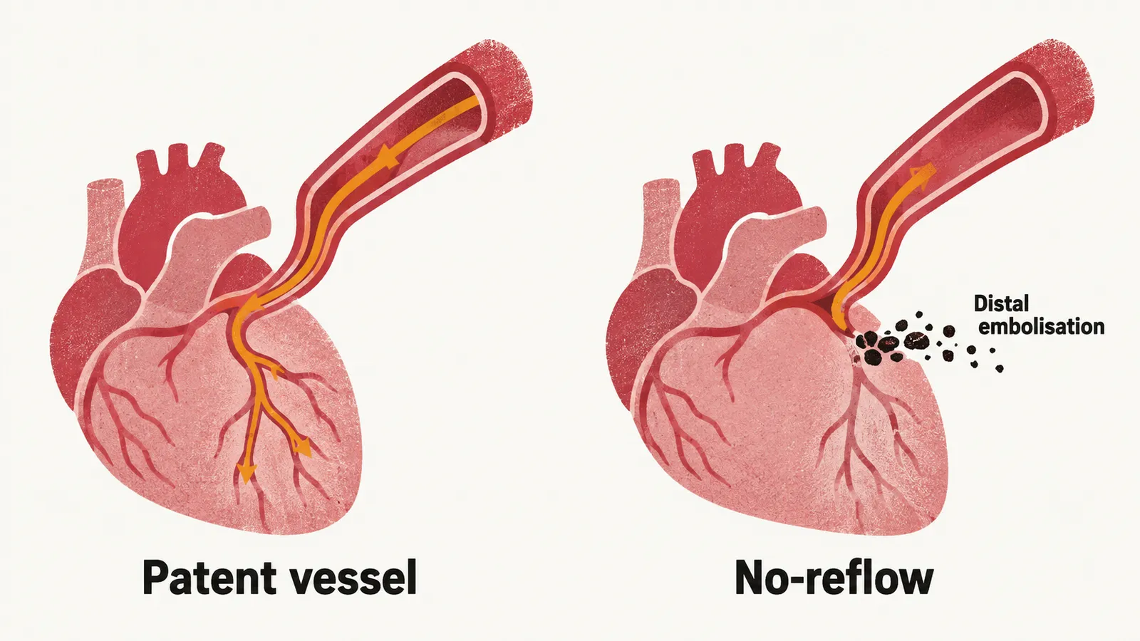 Two flat hearts. On the left an open vessel carries flow into the muscle, labelled patent vessel; on the right ink debris blocks the branches so flow stops short, labelled no-reflow.