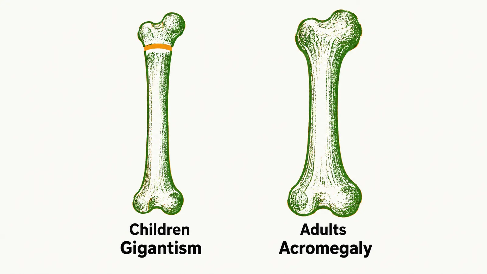 Two symbolic long bones side by side, one from a child with open growth plates leading to gigantism, one from an adult with fused plates leading to acromegaly.