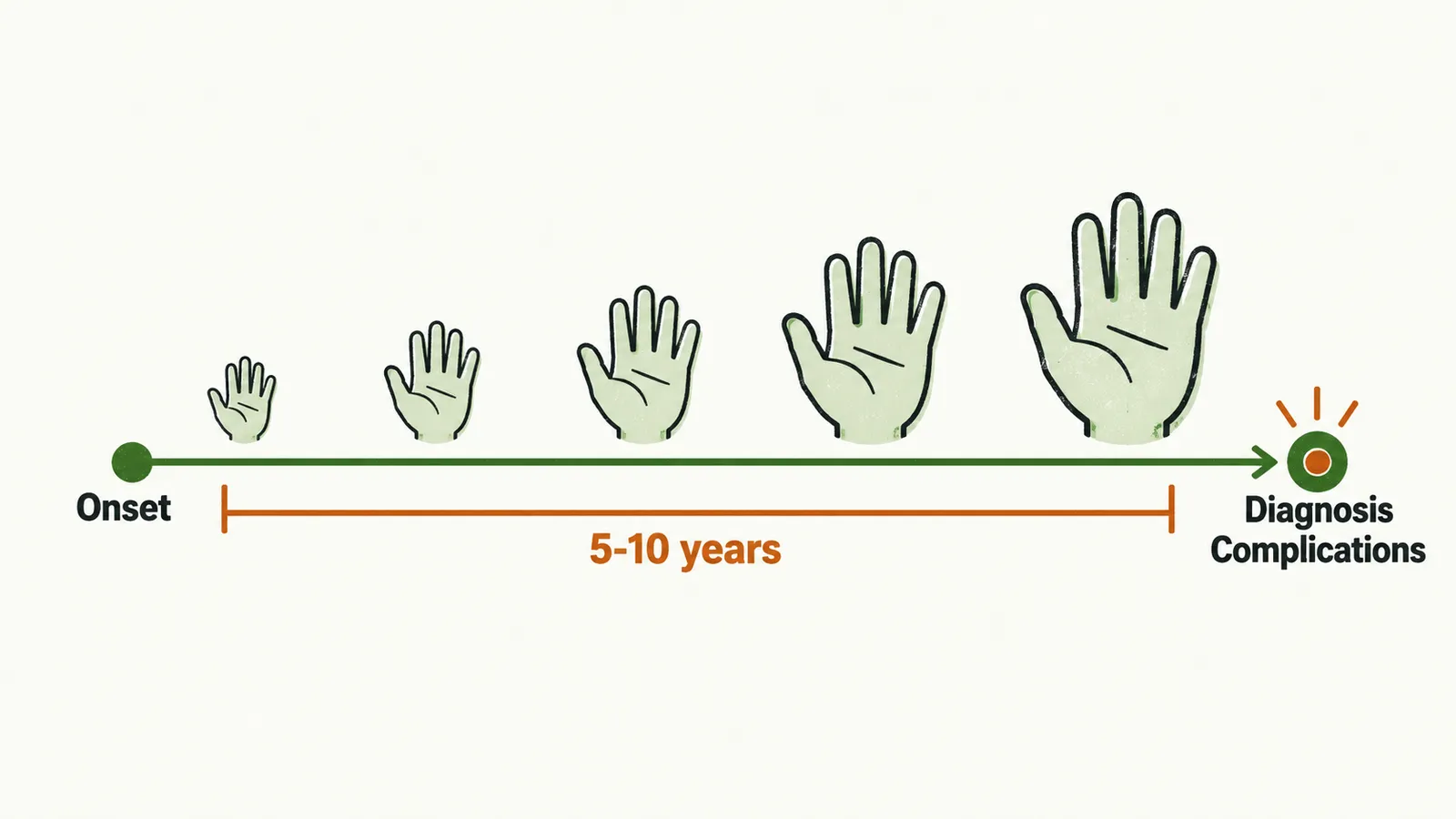 A timeline runs left to right from onset, across a 5-10 year span of gradual changes, to diagnosis, where complications are already present.