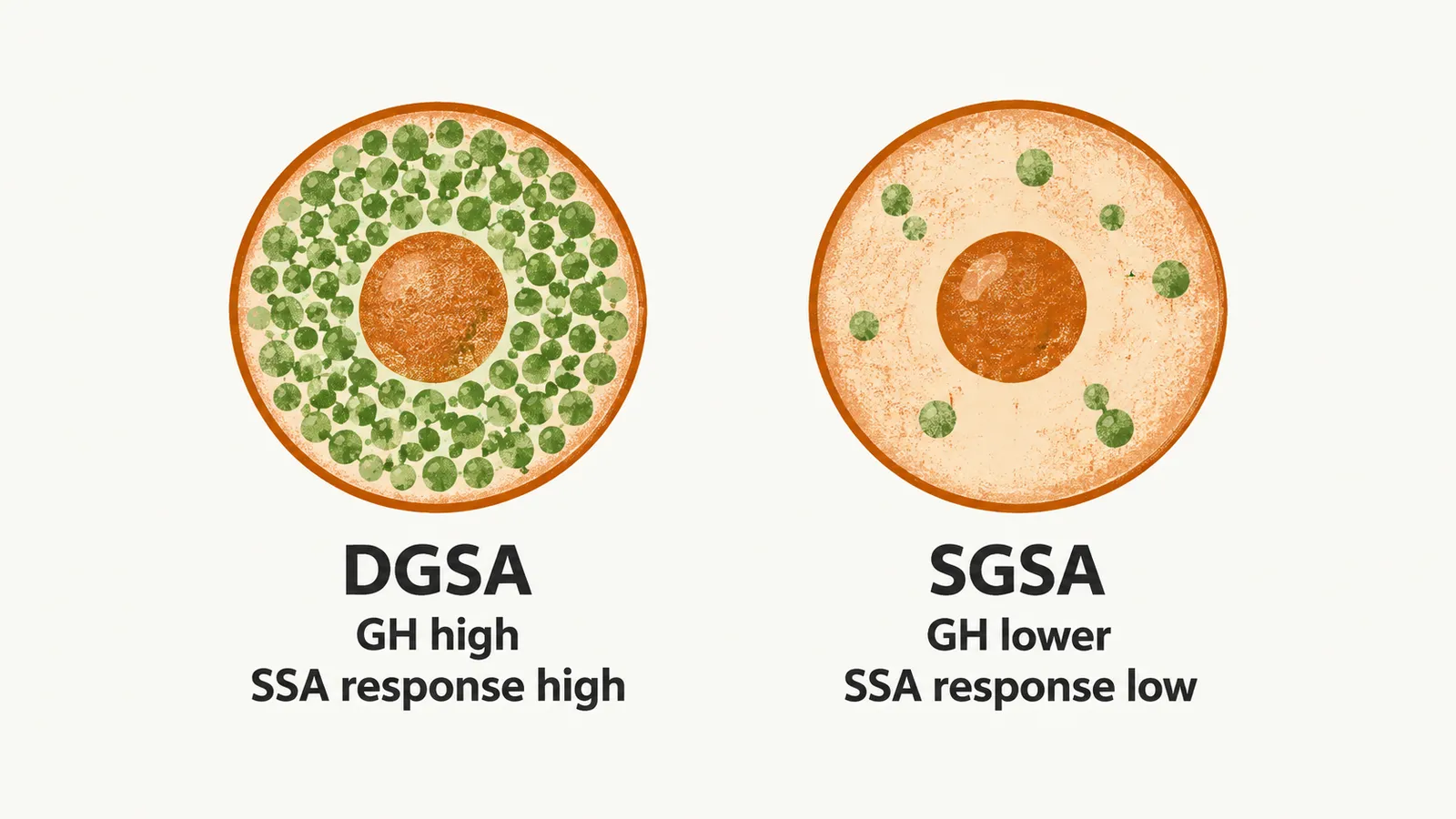 Two symbolic pituitary adenoma cells side by side, a densely granulated cell with many green granules and a sparsely granulated cell with few.
