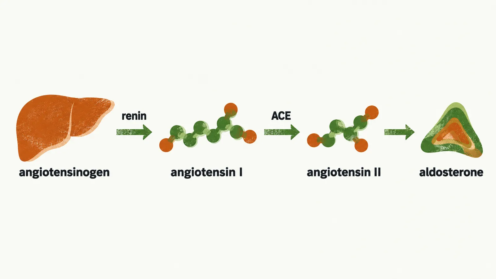 A chain runs left to right through angiotensinogen, renin, angiotensin I, ACE and angiotensin II to aldosterone.