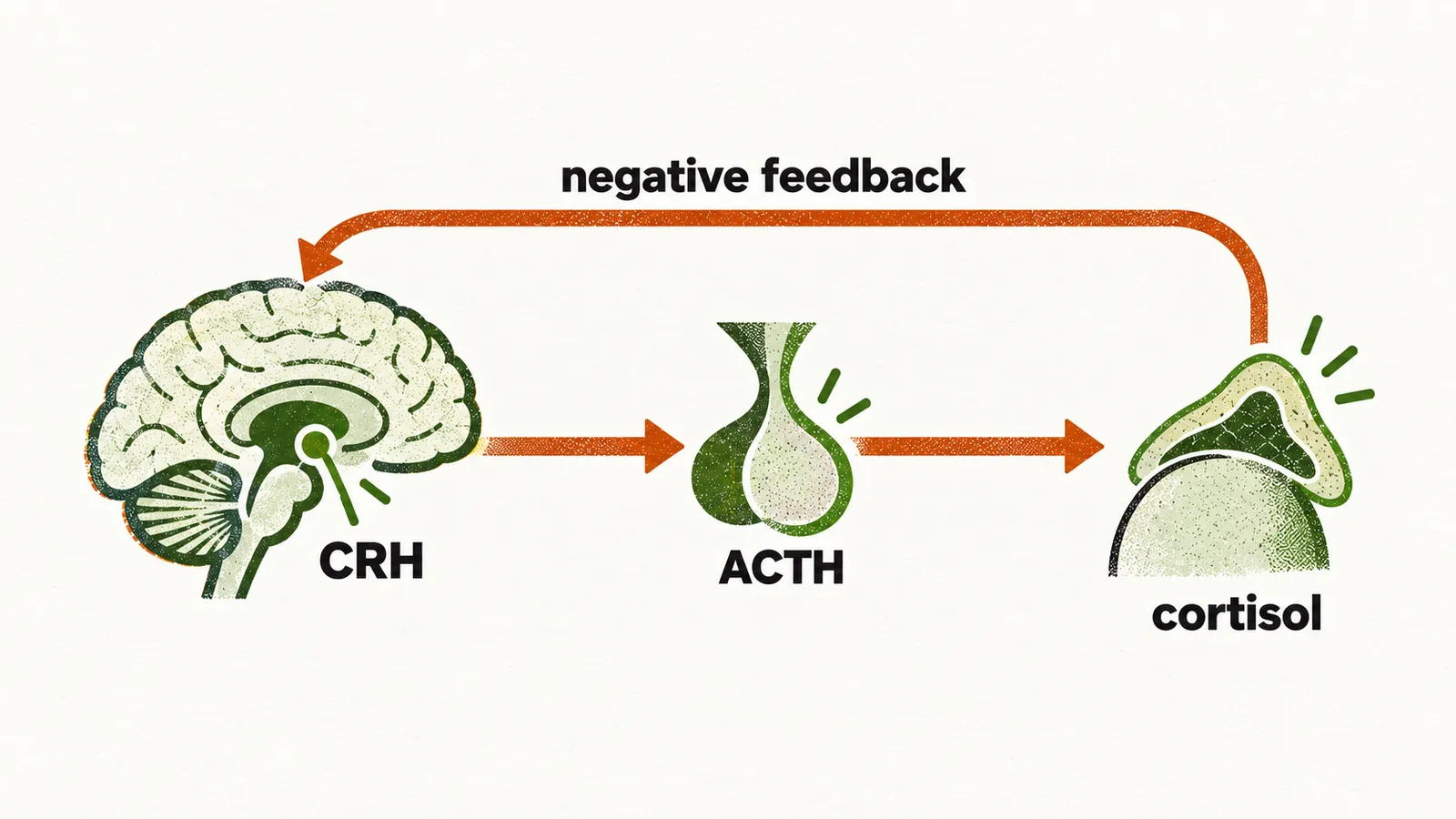 A loop runs from a brain shape labelled CRH to a pituitary gland labelled ACTH to an adrenal gland labelled cortisol, with a return arrow labelled negative feedback.