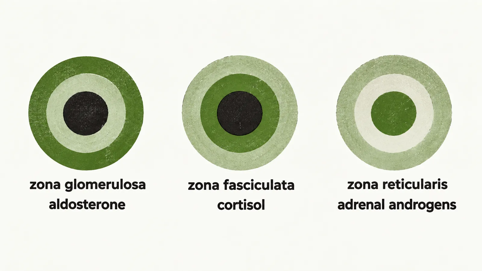 Three concentric rings labelled zona glomerulosa, zona fasciculata and zona reticularis, each paired with its hormone: aldosterone, cortisol and adrenal androgens.
