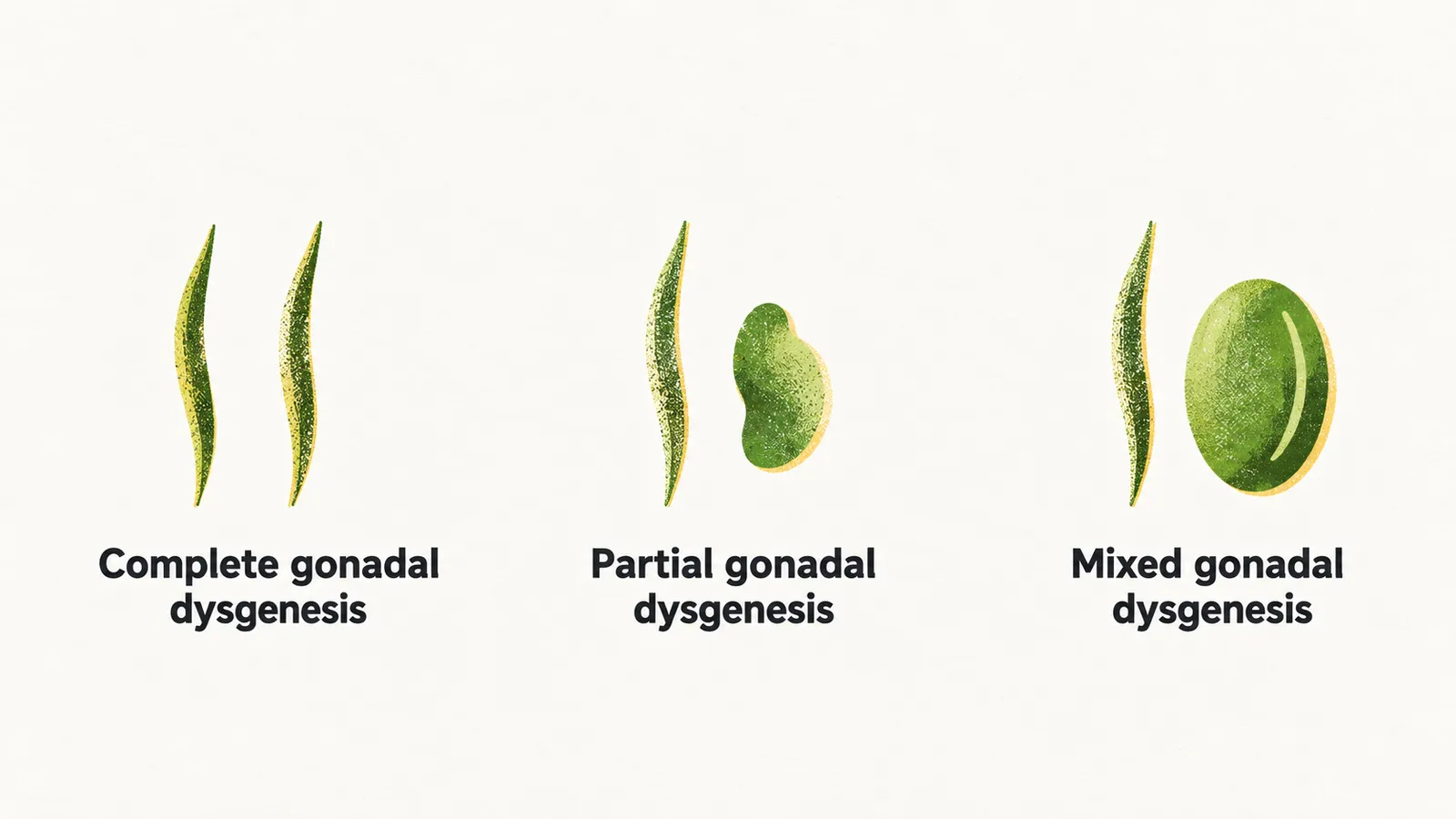 Three pairs of simple gonadal shapes: two fibrous streaks, then a streak beside a partly formed gonad, then a streak beside a small testis, each pair labelled.