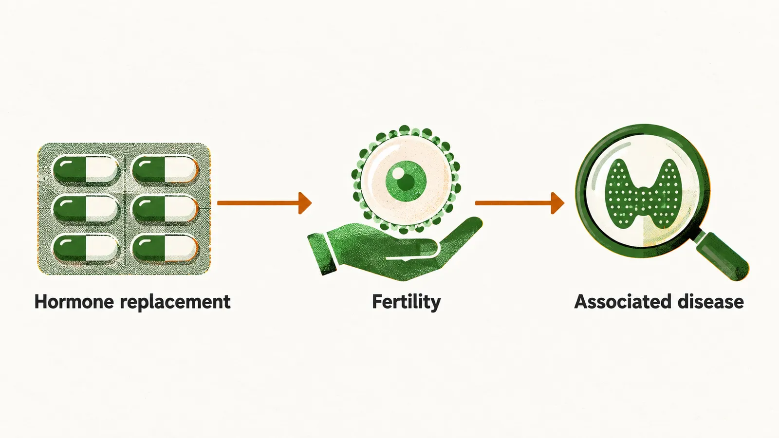 Three simple panels joined left to right by a saffron arrow: a hormone capsule, an egg symbol, and a magnifier over a small gland, labelled Hormone replacement, Fertility and Associated disease.