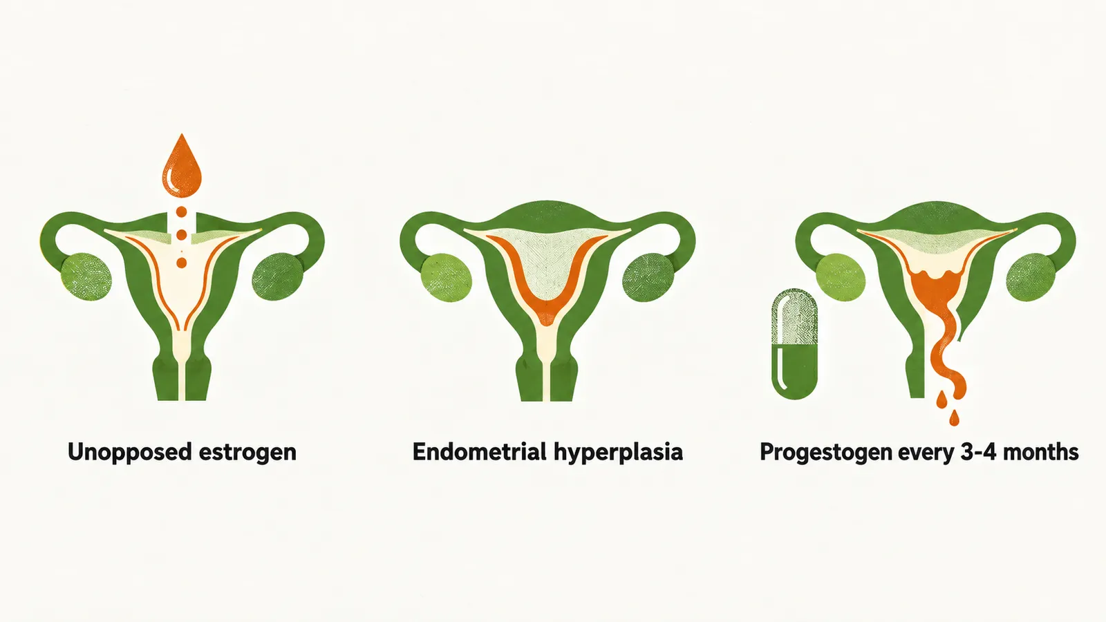 An estrogen droplet entering a uterus lining, the lining thickening in the next panel, and a progestogen capsule in the last panel shedding the lining as a saffron loop.