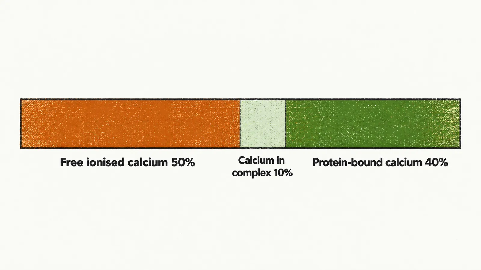 A horizontal bar split into three labelled parts, a saffron half for free ionised calcium, a small green tenth for calcium in complex and a larger green part for protein-bound calcium.