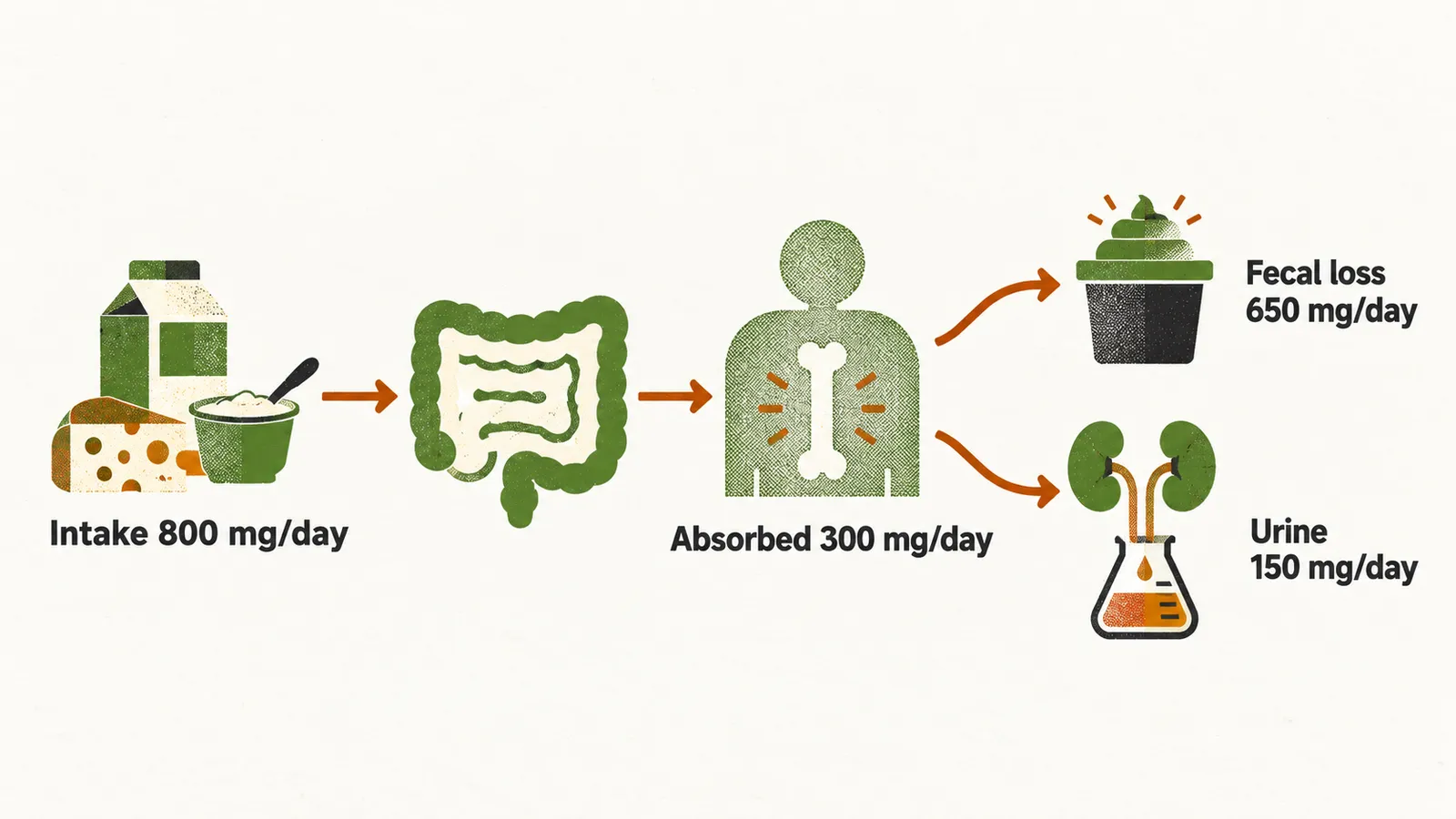 A left-to-right flow from dairy foods into a gut shape and on to a figure holding a bone, with one outlet to a bin for fecal loss and one through two kidneys into a urine flask.