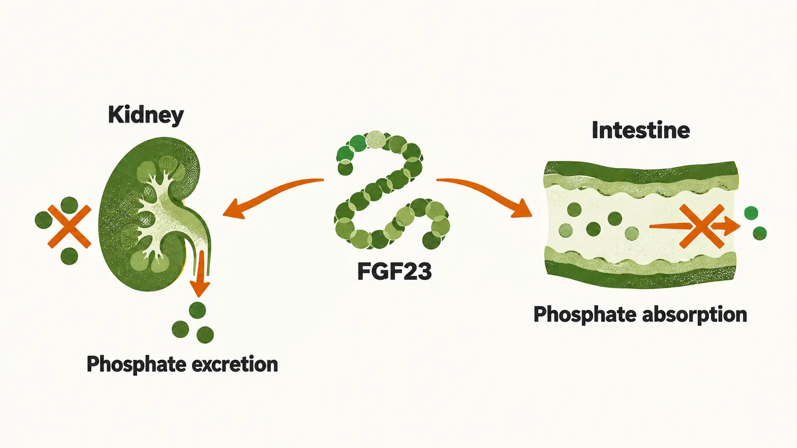 A central FGF23 chain sending short arrows to a kidney shape with a urine outlet and to an intestine tube, both marked to lower phosphate.