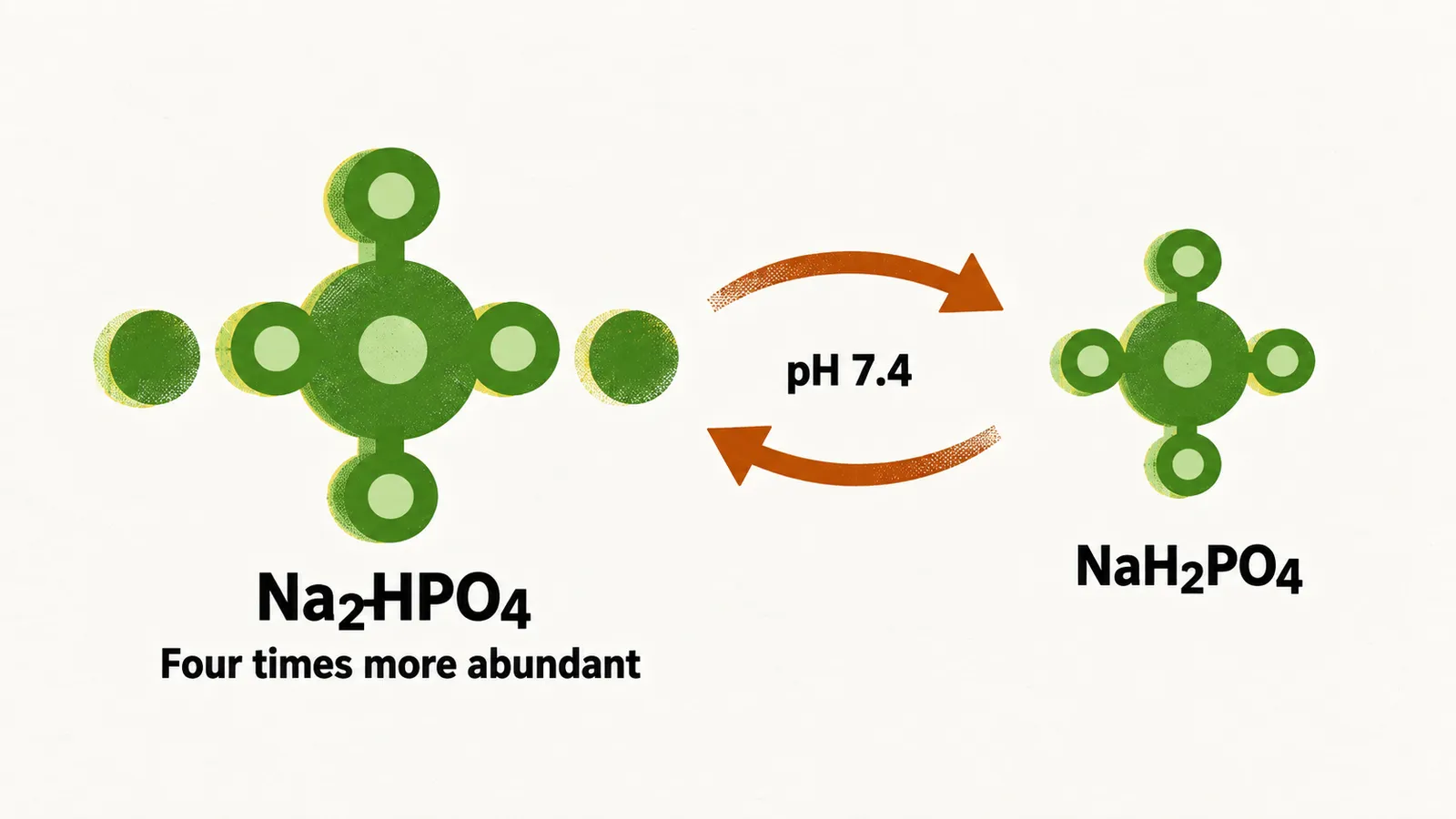 Two phosphate ion icons joined by two curved saffron arrows, a larger one on the left and a smaller one on the right beside a small pH marker.