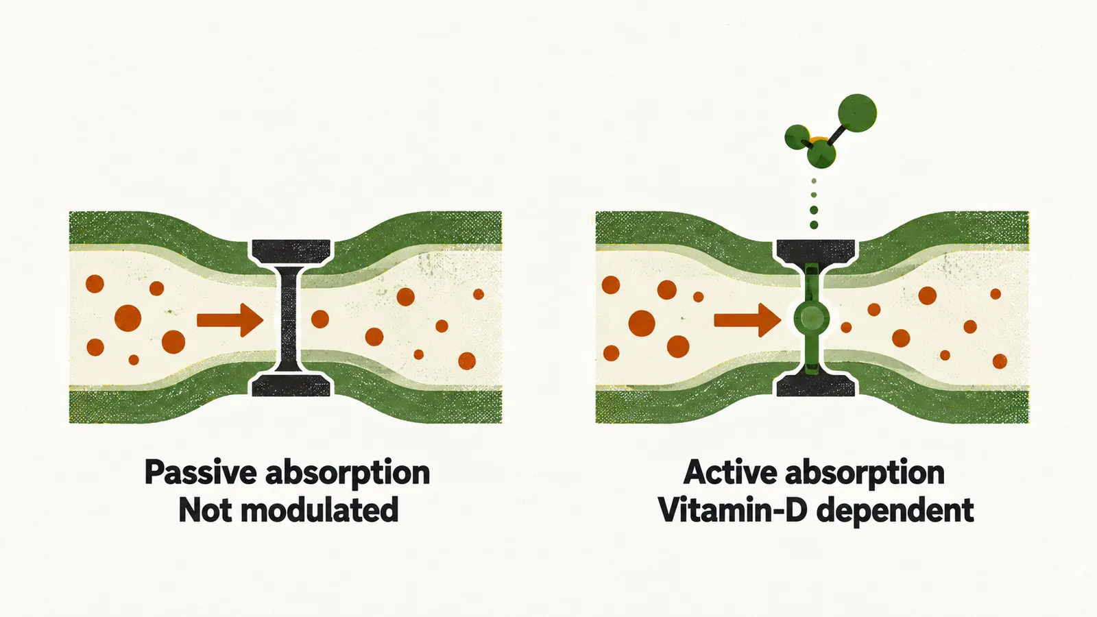 Two intestine panels side by side, the left showing a passive absorption route with a valve that is not modulated and the right an active vitamin-D dependent route.
