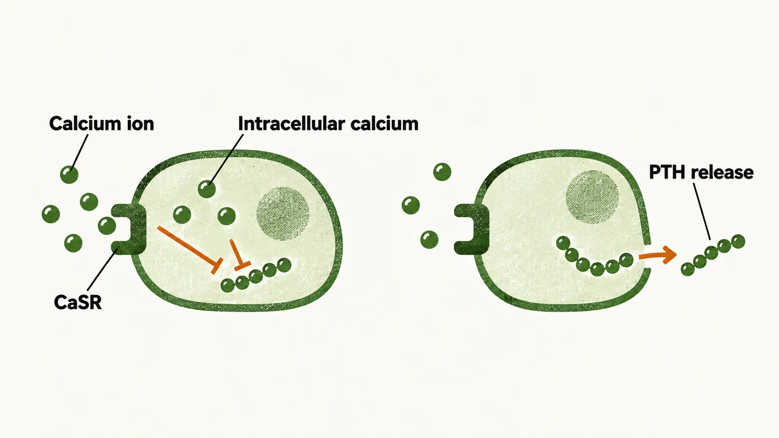 A rounded parathyroid cell with a calcium-sensing receptor on its edge, calcium ions docking to hold a PTH chain back and an empty receptor letting the chain out.