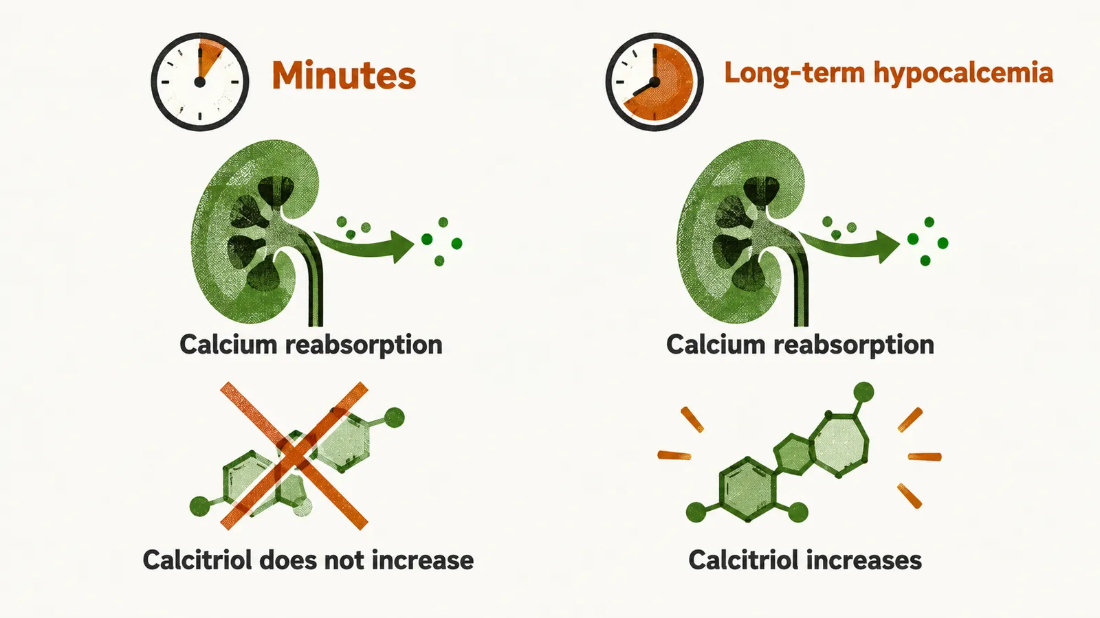 Two columns comparing a calcium fall lasting minutes, with only calcium reabsorption, and a sustained fall, with calcium reabsorption and a rise in calcitriol.