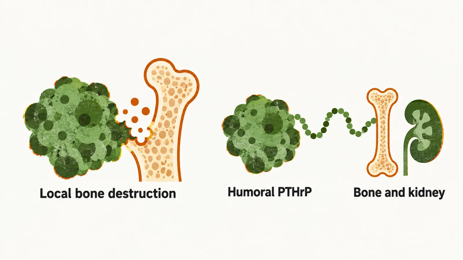 Two panels side by side, a tumour mass eroding a bone locally and a tumour mass releasing a PTHrP chain that acts on bone and kidney at a distance.