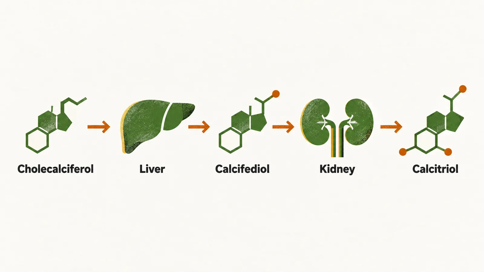 A left-to-right chain from a cholecalciferol molecule through a liver shape to calcifediol and through a kidney shape to calcitriol.