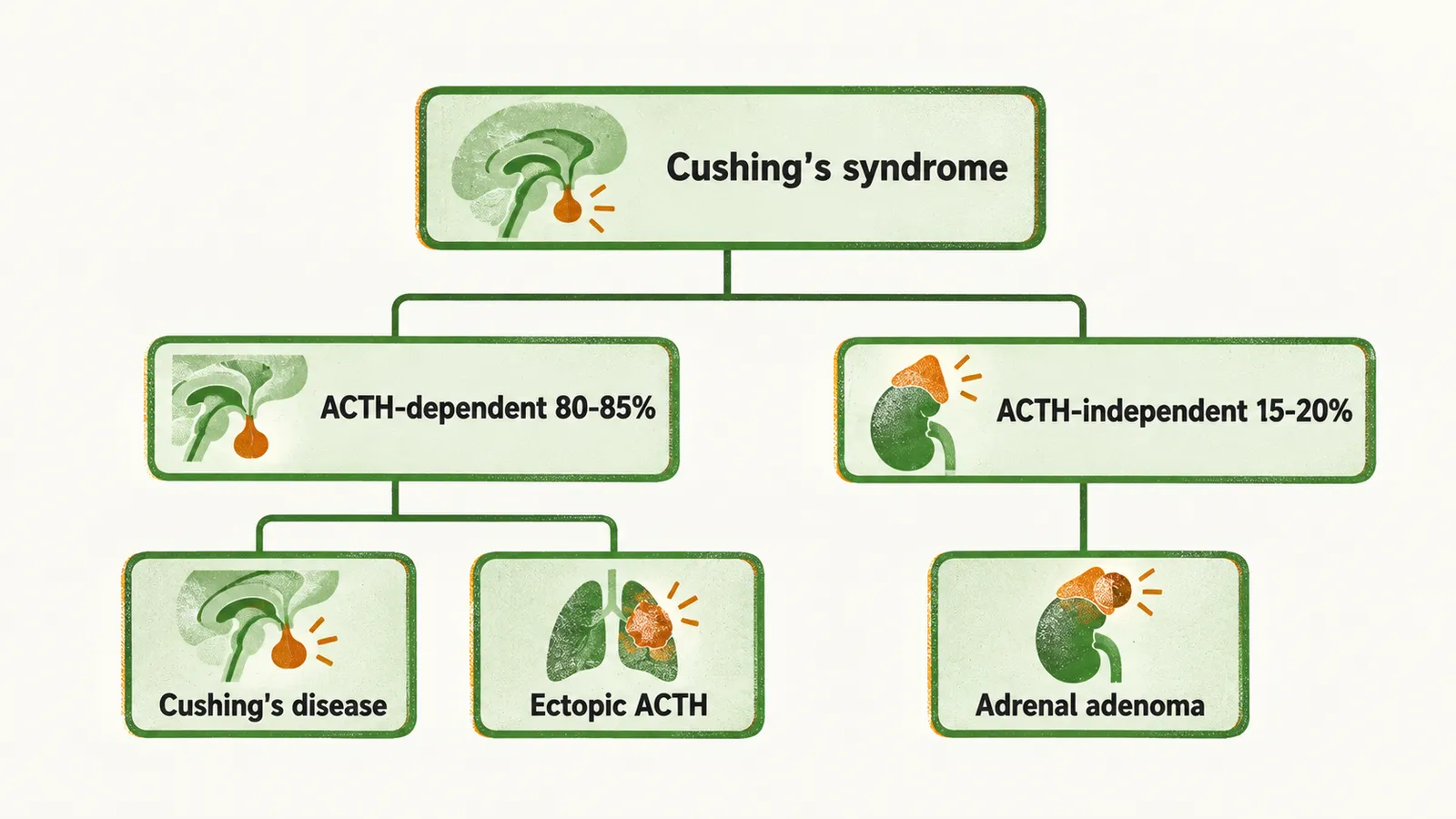 A branching diagram splits Cushing's syndrome into ACTH-dependent, carrying Cushing's disease and ectopic ACTH, and ACTH-independent, carrying adrenal adenoma.