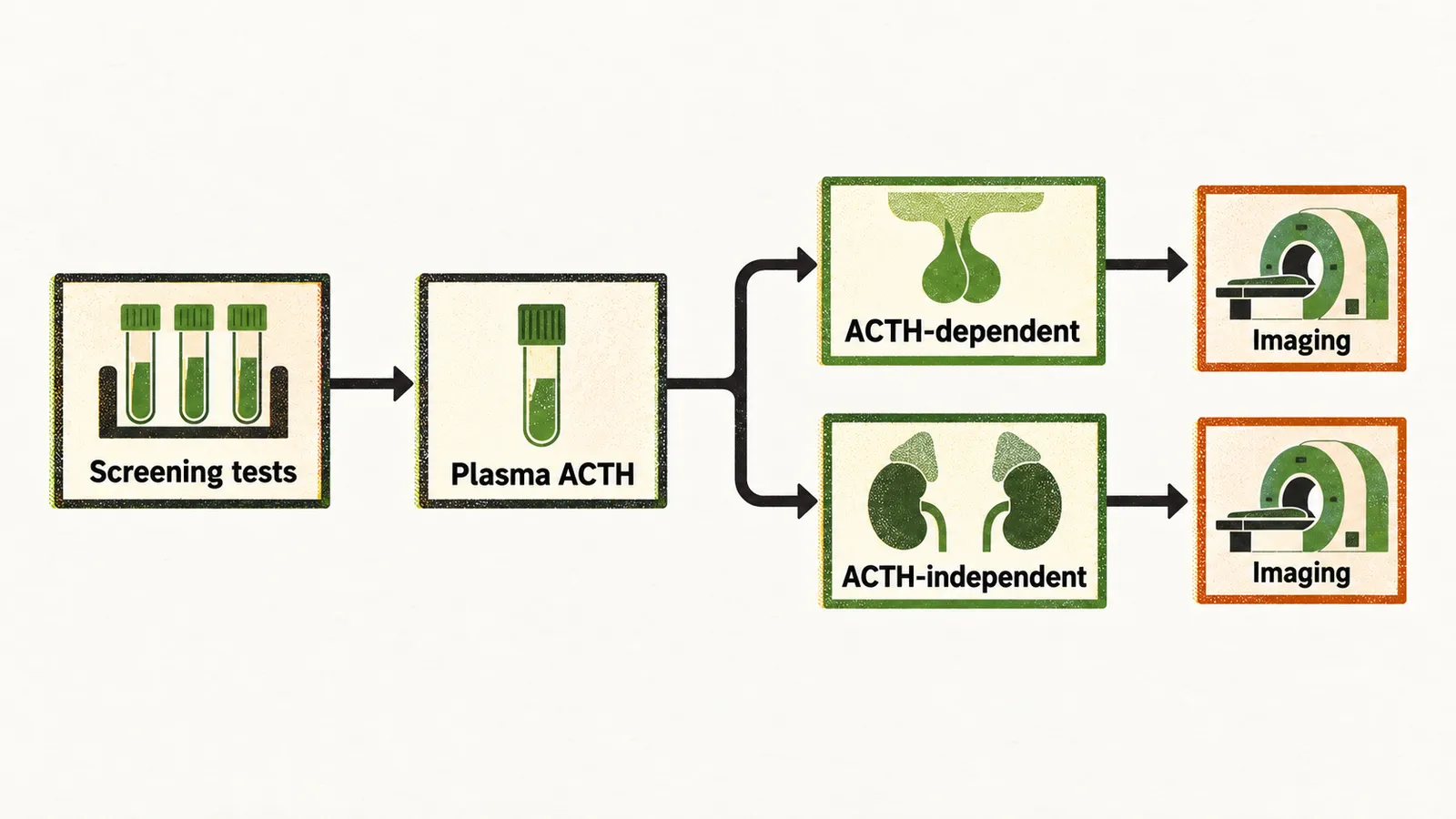 A left to right flow chart goes from screening tests to plasma ACTH, which forks into ACTH-dependent and ACTH-independent paths, each leading to imaging.