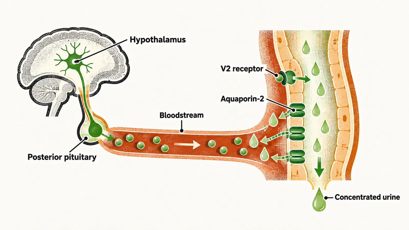 A hypothalamus neuron sends a fibre to the posterior pituitary, then a saffron pathway leads to a collecting duct where V2 receptor and aquaporin-2 return water into concentrated urine.