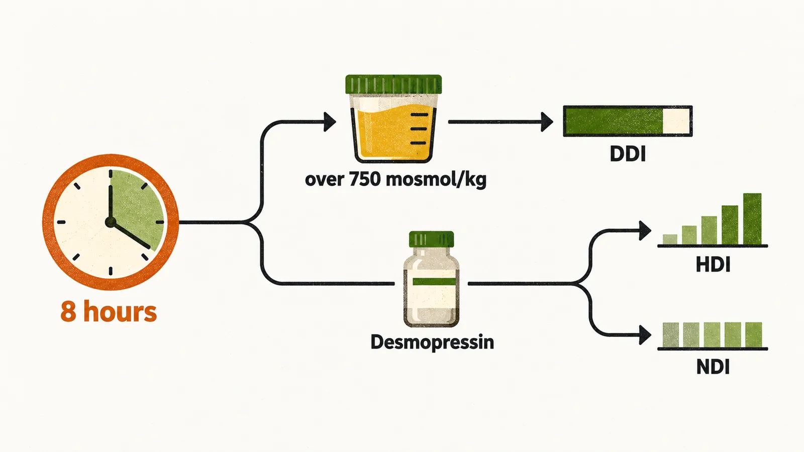 A pathway where 8 hours of dehydration leads to a urine osmolality over 750 mosmol/kg in DDI, or to a desmopressin step where HDI rises and NDI stays flat.