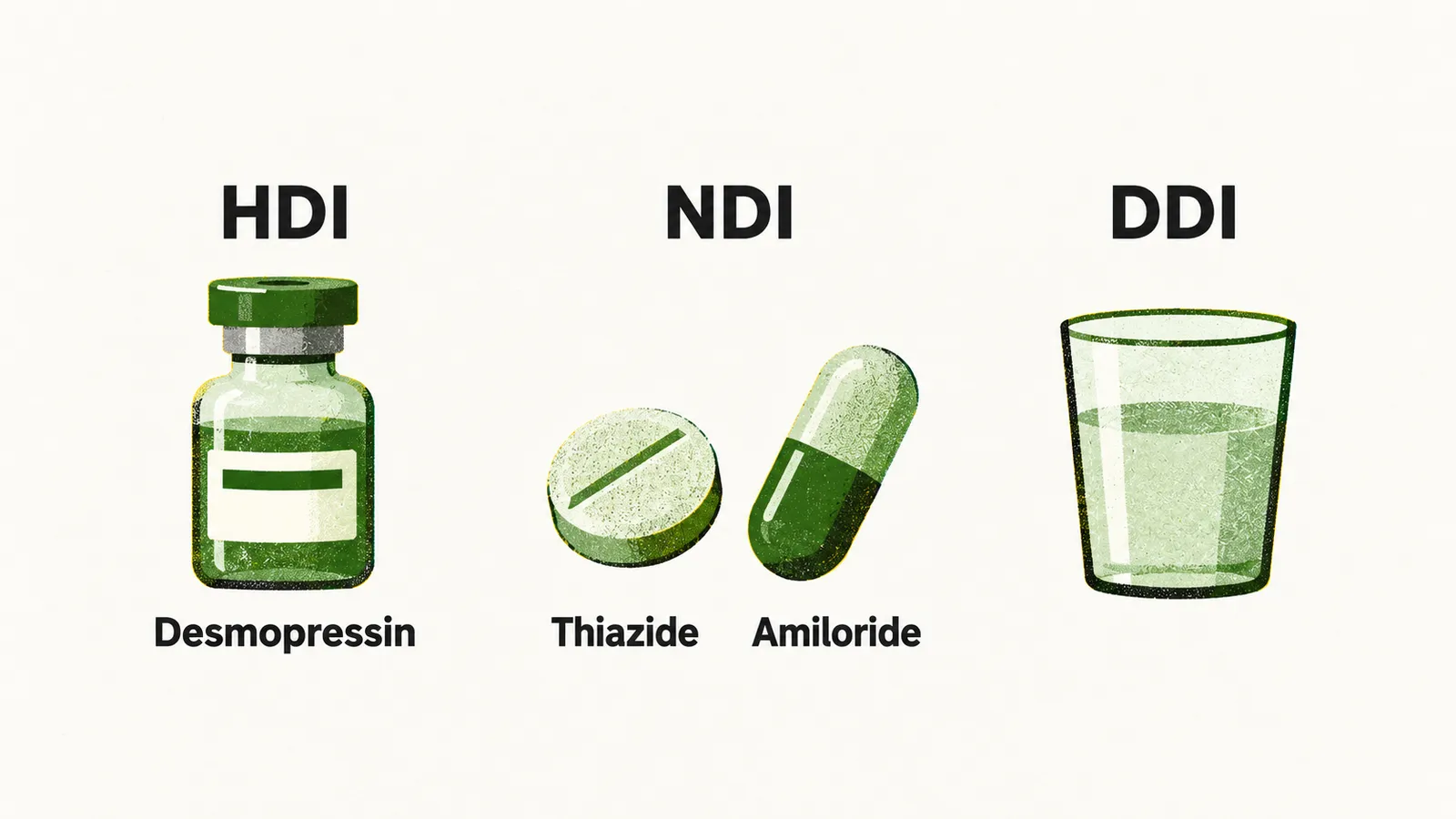 Three columns match form to treatment: HDI with a desmopressin vial, NDI with thiazide and amiloride tablets, and DDI with a drinking glass.