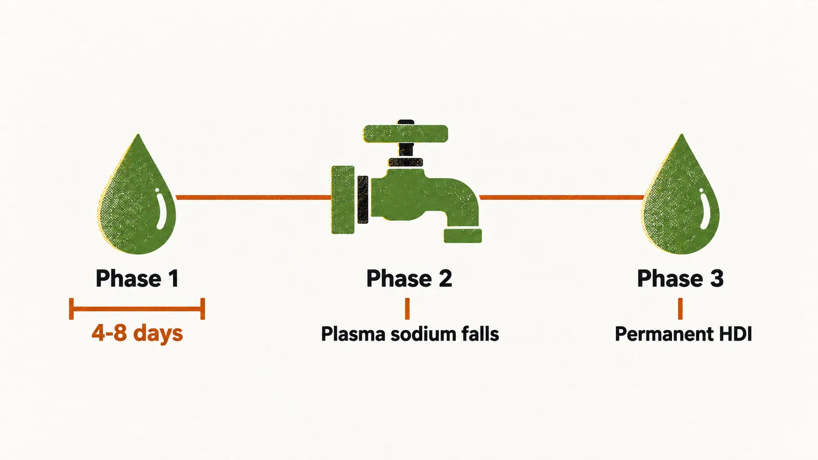 A left-to-right timeline of three phases: Phase 1 with polyuria over 4-8 days, Phase 2 with water retained and the plasma sodium falling, and Phase 3 permanent HDI.