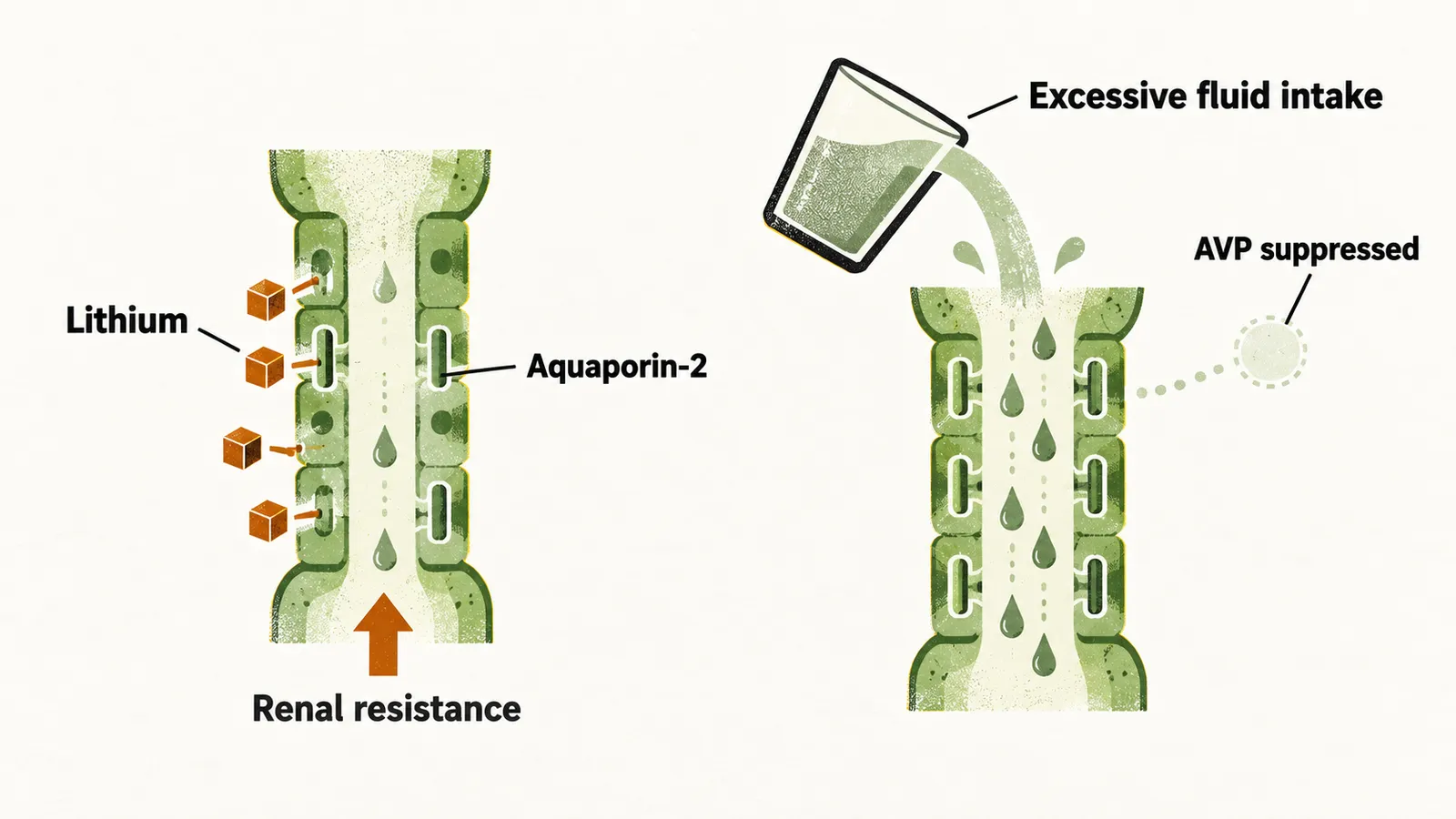 Two panels compare forms with normal ADH: on the left a collecting duct blocked by lithium cubes showing renal resistance, on the right a glass of excess fluid intake suppressing AVP.