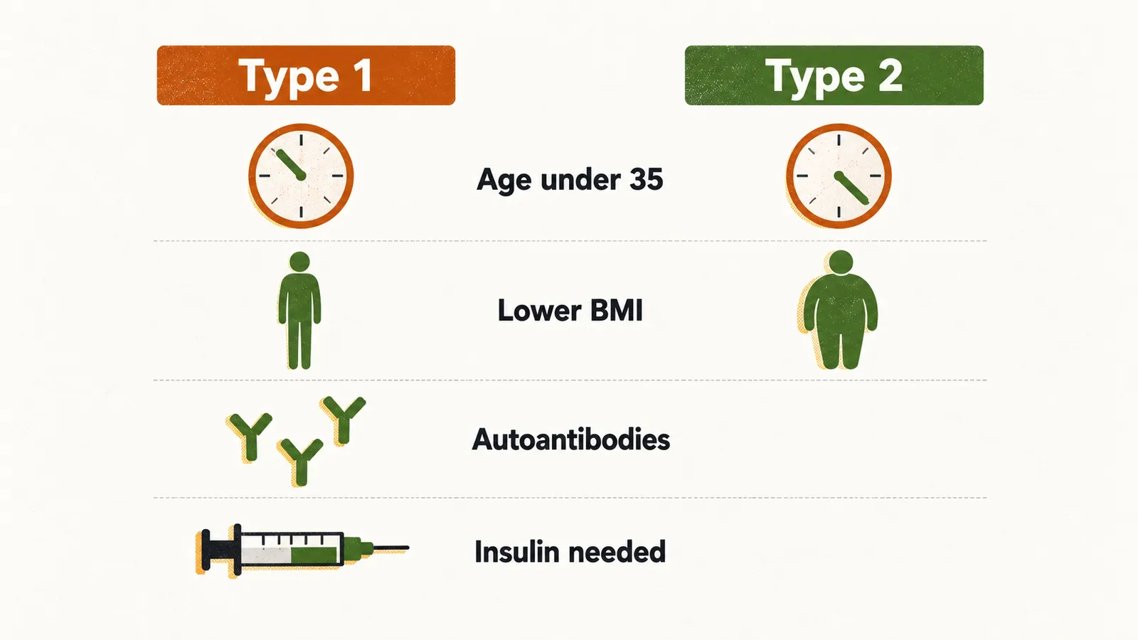 Two columns comparing type 1 and type 2 diabetes, listing age under 35, lower BMI, autoantibodies and insulin for type 1.