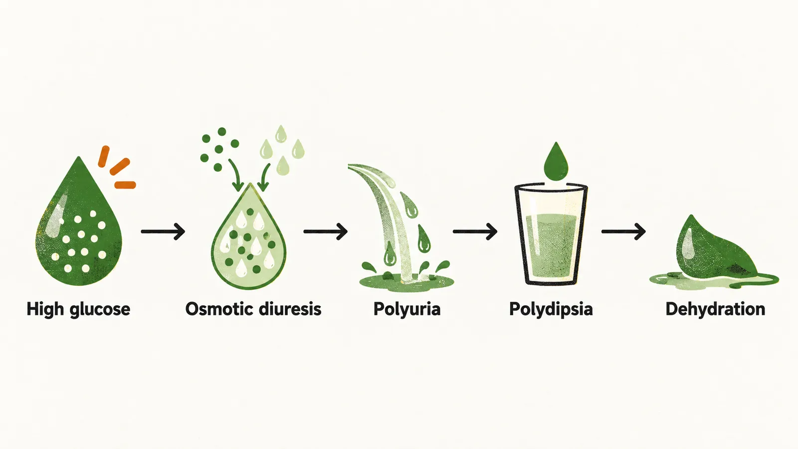 A left-to-right pathway from high plasma glucose through osmotic diuresis and polyuria to polydipsia and dehydration, joined by arrows.