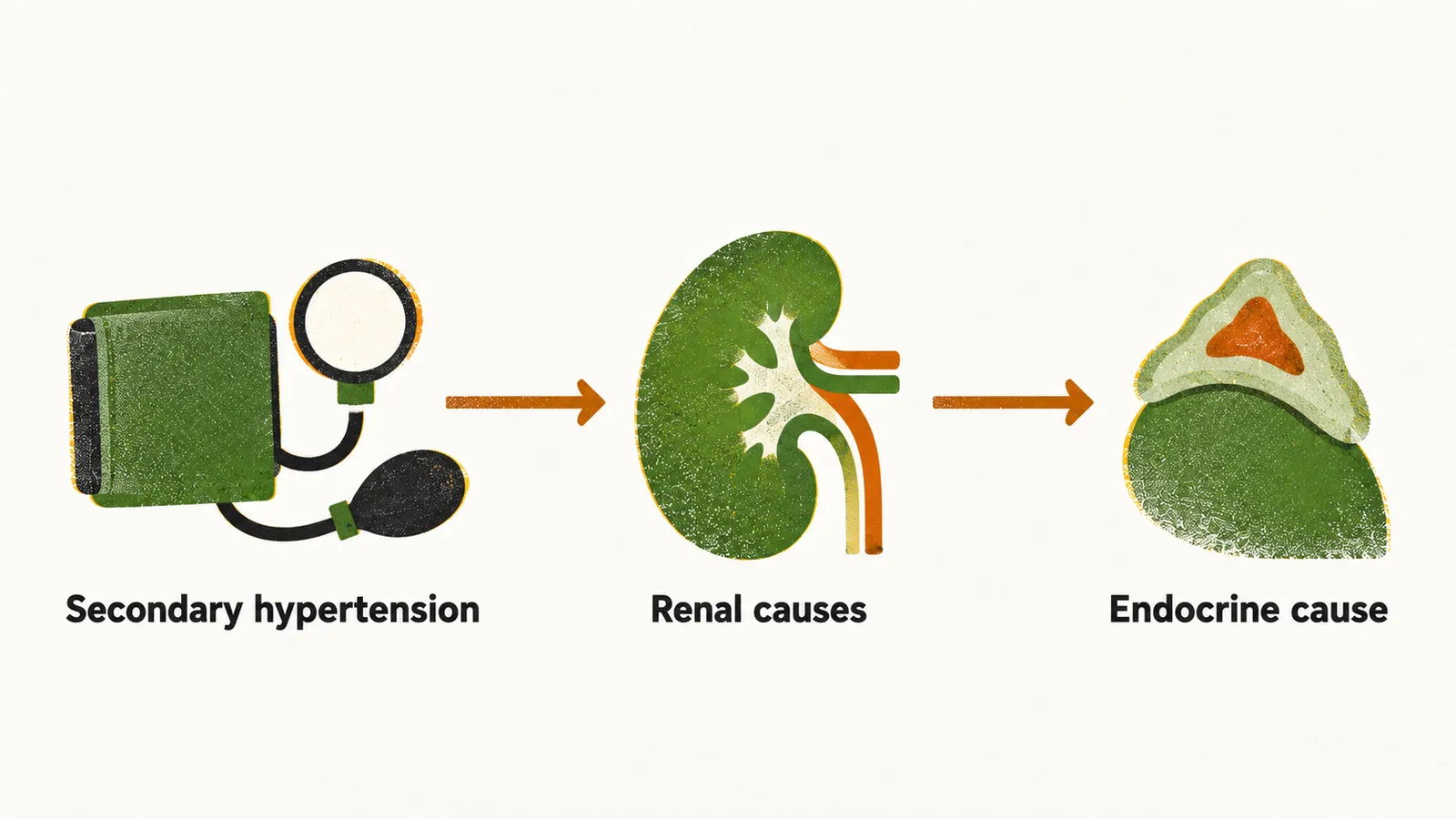 A cuff, a kidney and an adrenal gland joined left to right by saffron arrows, labelled secondary hypertension, renal causes and endocrine cause.