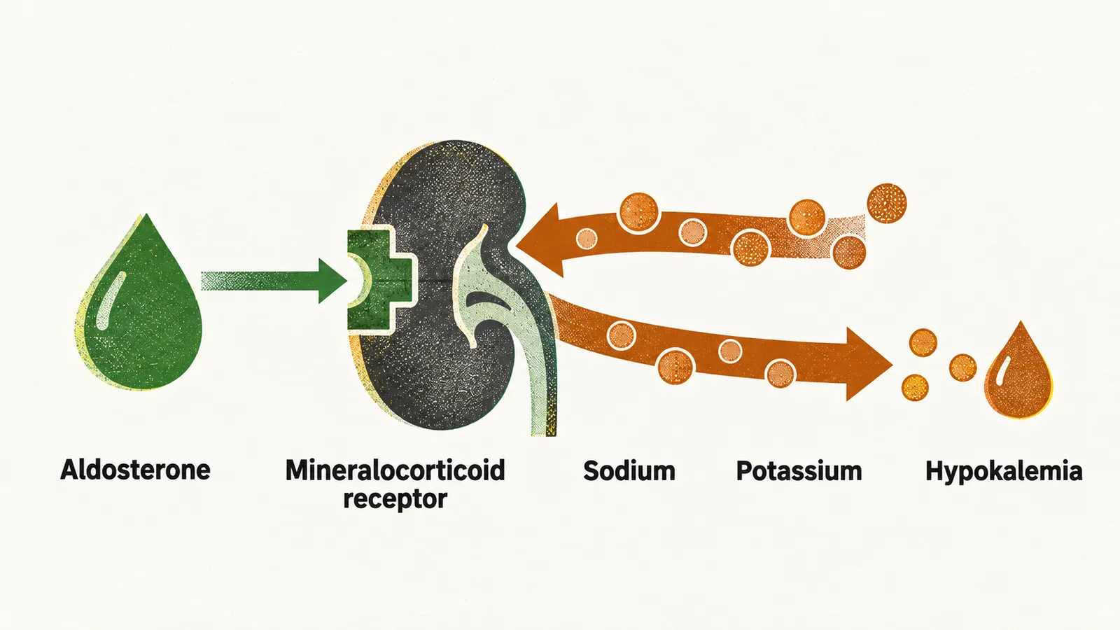 A green aldosterone droplet meets a receptor on a kidney, with saffron arrows carrying sodium inward and potassium outward to hypokalemia.