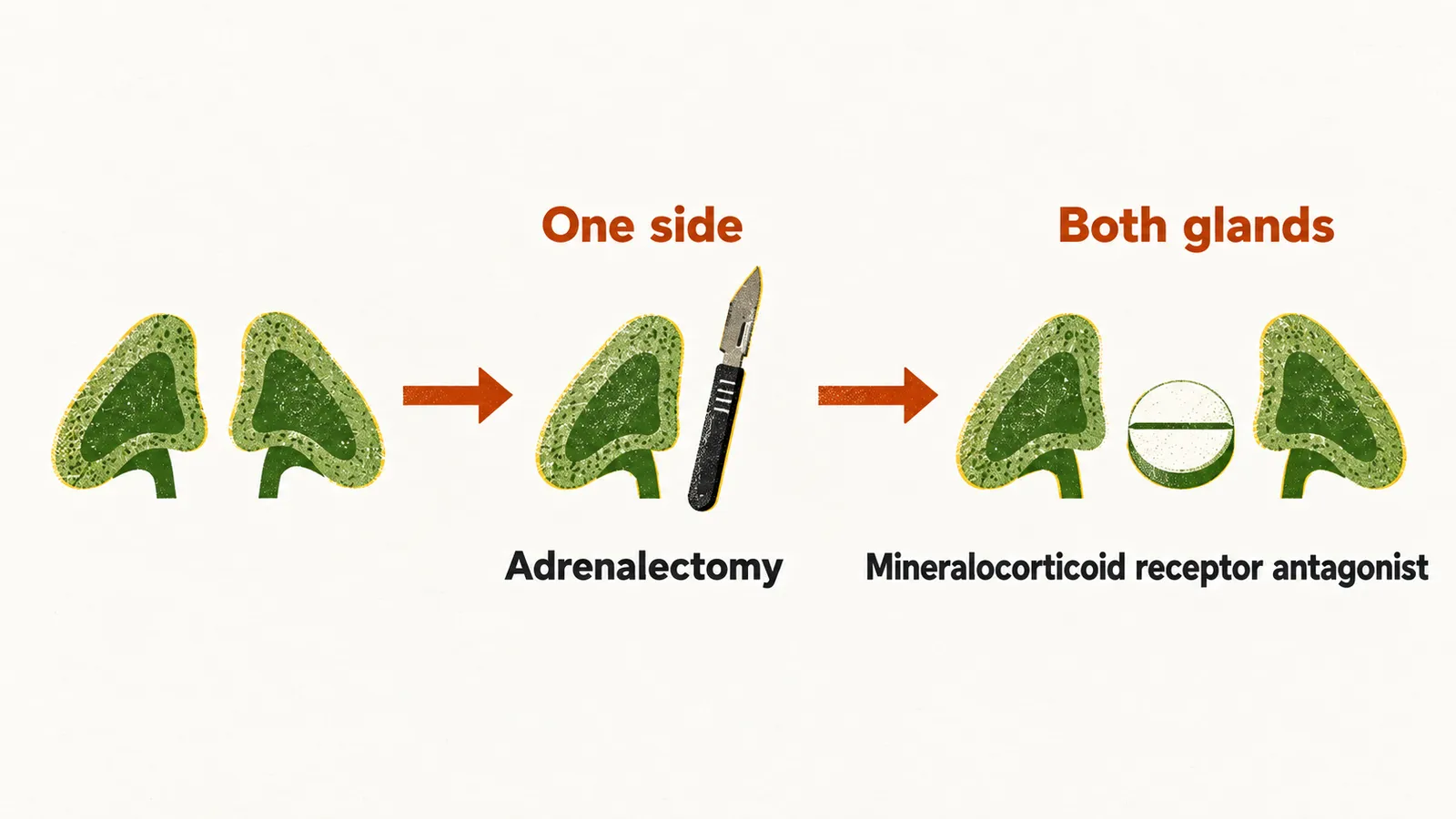 One branch leads to a scalpel and adrenalectomy, the other to a tablet labelled mineralocorticoid receptor antagonist.