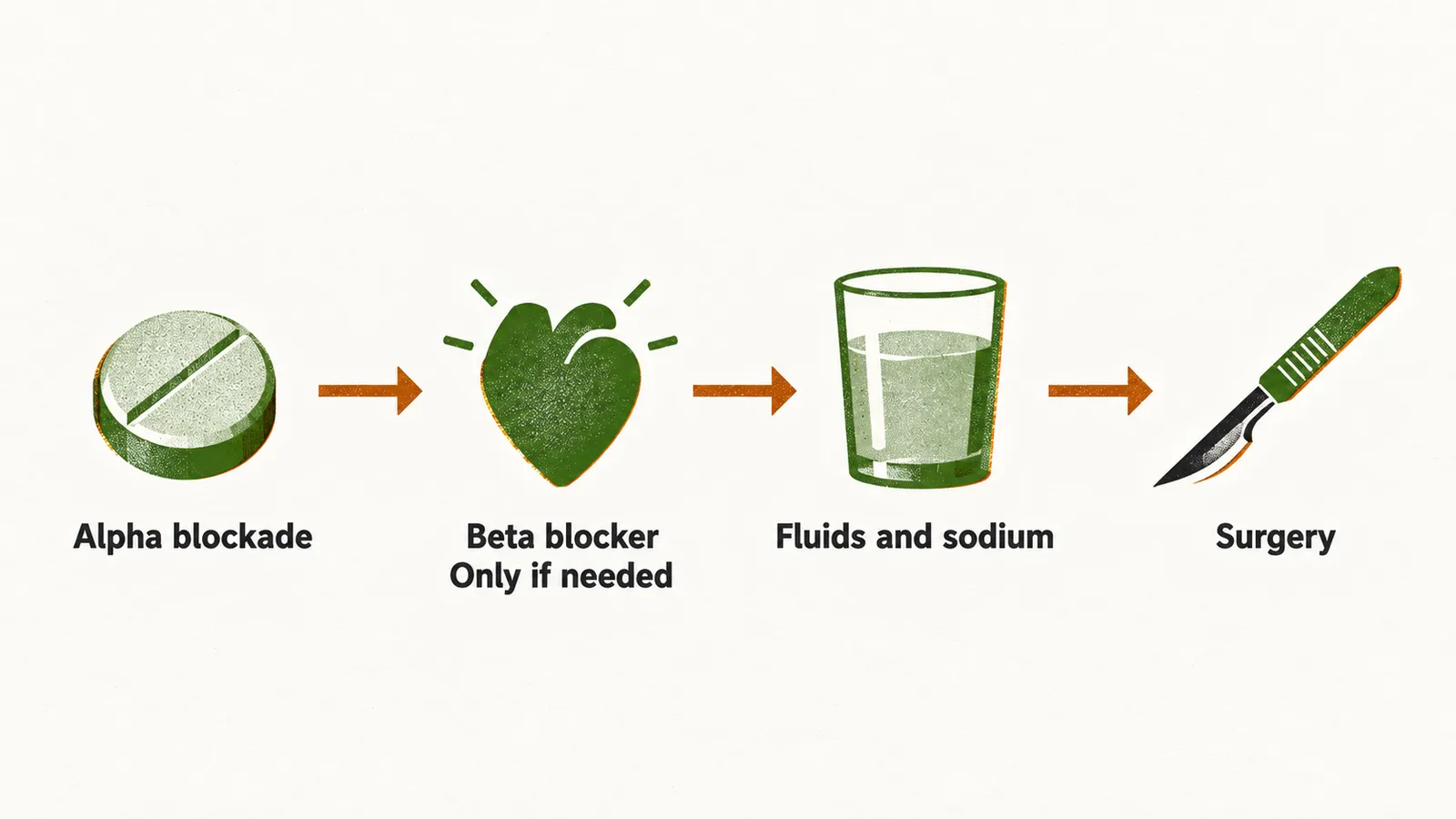 Alpha blockade leads to a beta blocker only if needed, then fluids and sodium, then surgery, joined by saffron arrows.