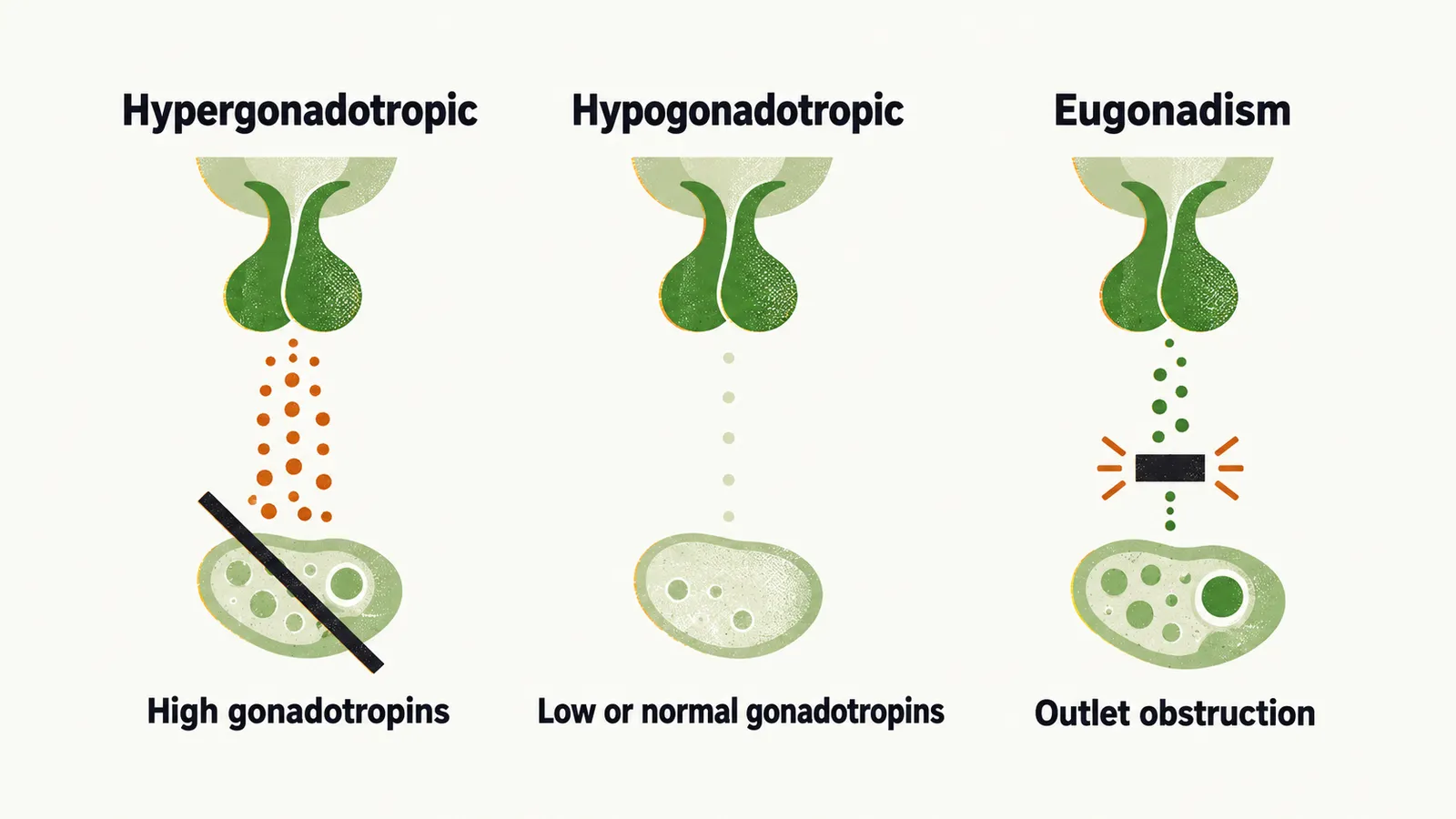 Three patterns side by side, hypergonadotropic with high gonadotropins, hypogonadotropic with low or normal ones, and eugonadism with an outlet obstruction.
