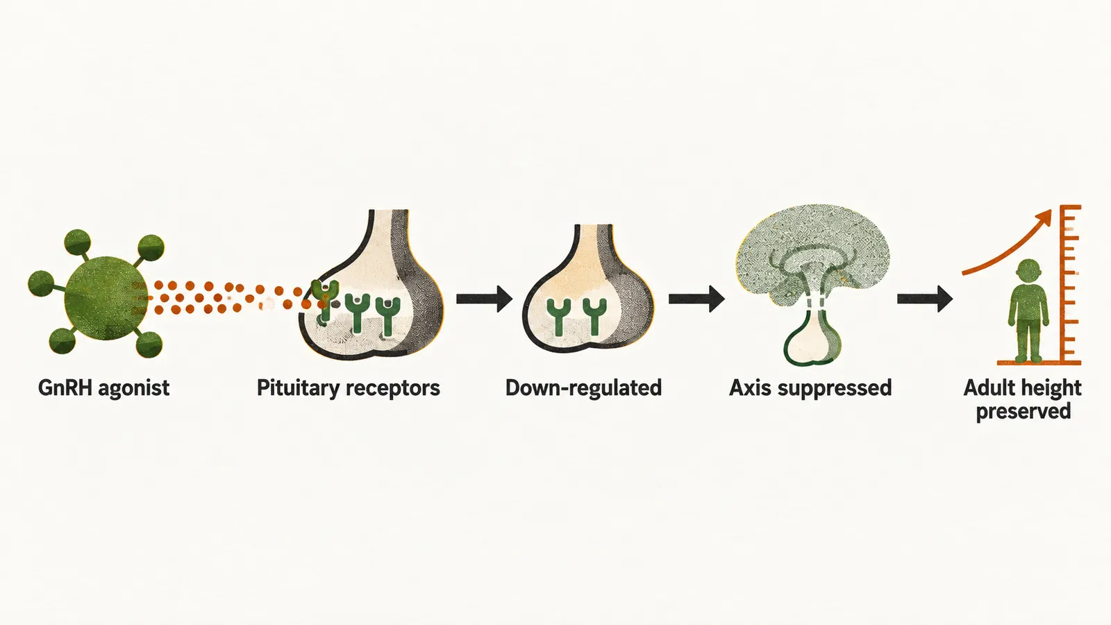 A continuous GnRH agonist stream keeps hitting pituitary receptors until they are down-regulated and the axis is suppressed, preserving adult height.