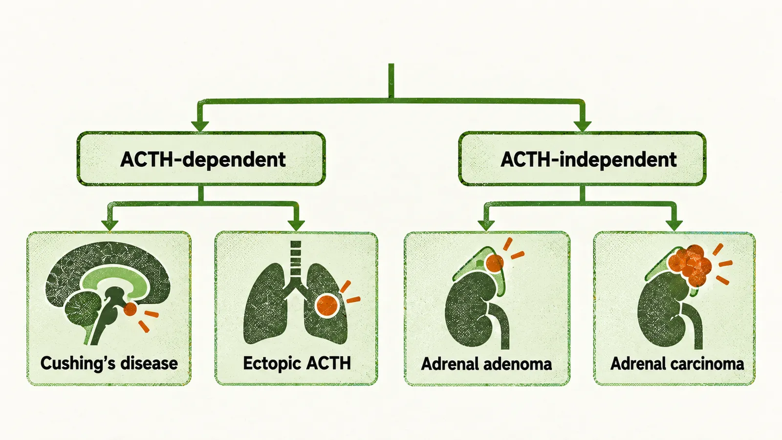 A branching map: a stem splits into ACTH-dependent, with Cushing's disease and ectopic ACTH, and ACTH-independent, with adrenal adenoma and adrenal carcinoma.