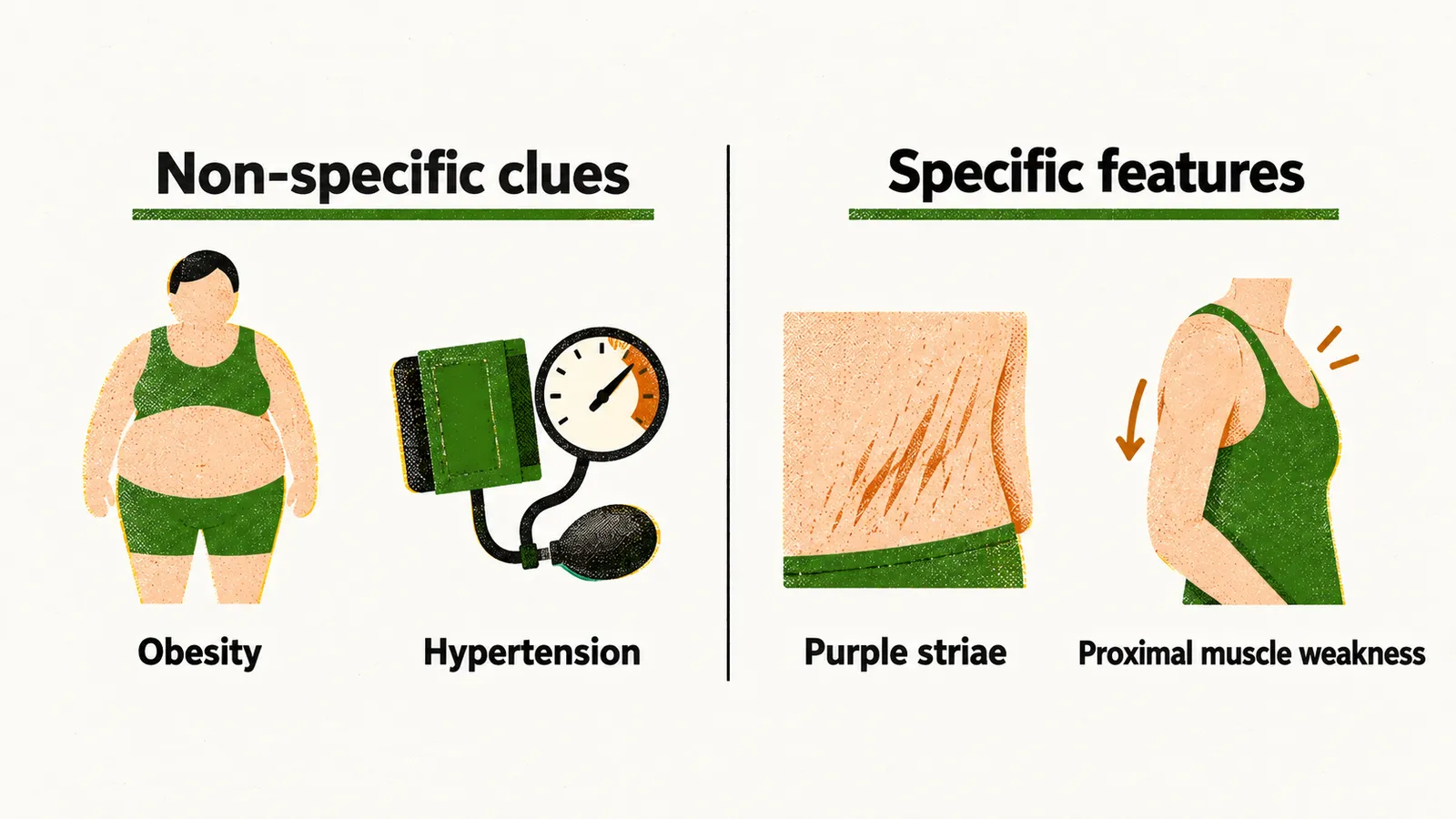 Two panels: non-specific clues of obesity and hypertension, and specific features of purple striae and proximal muscle weakness.