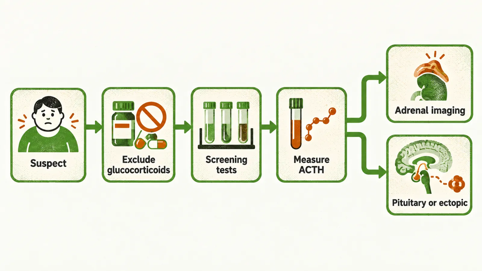A left-to-right path from suspect through excluding glucocorticoids and screening tests to measuring ACTH, then forking to adrenal imaging or a pituitary or ectopic source.