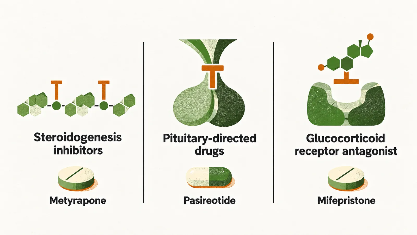 Three columns of drug levels: steroidogenesis inhibitors with metyrapone, pituitary-directed drugs with pasireotide, and a glucocorticoid receptor antagonist with mifepristone.
