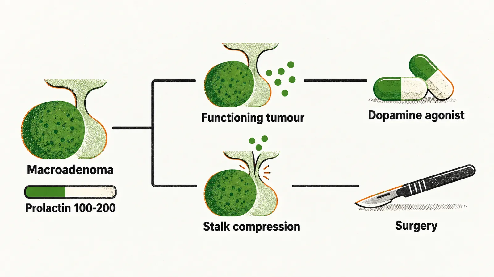 From a macroadenoma with prolactin 100-200 the path splits, a functioning tumour releasing prolactin leads to a dopamine agonist and stalk compression leads to surgery.