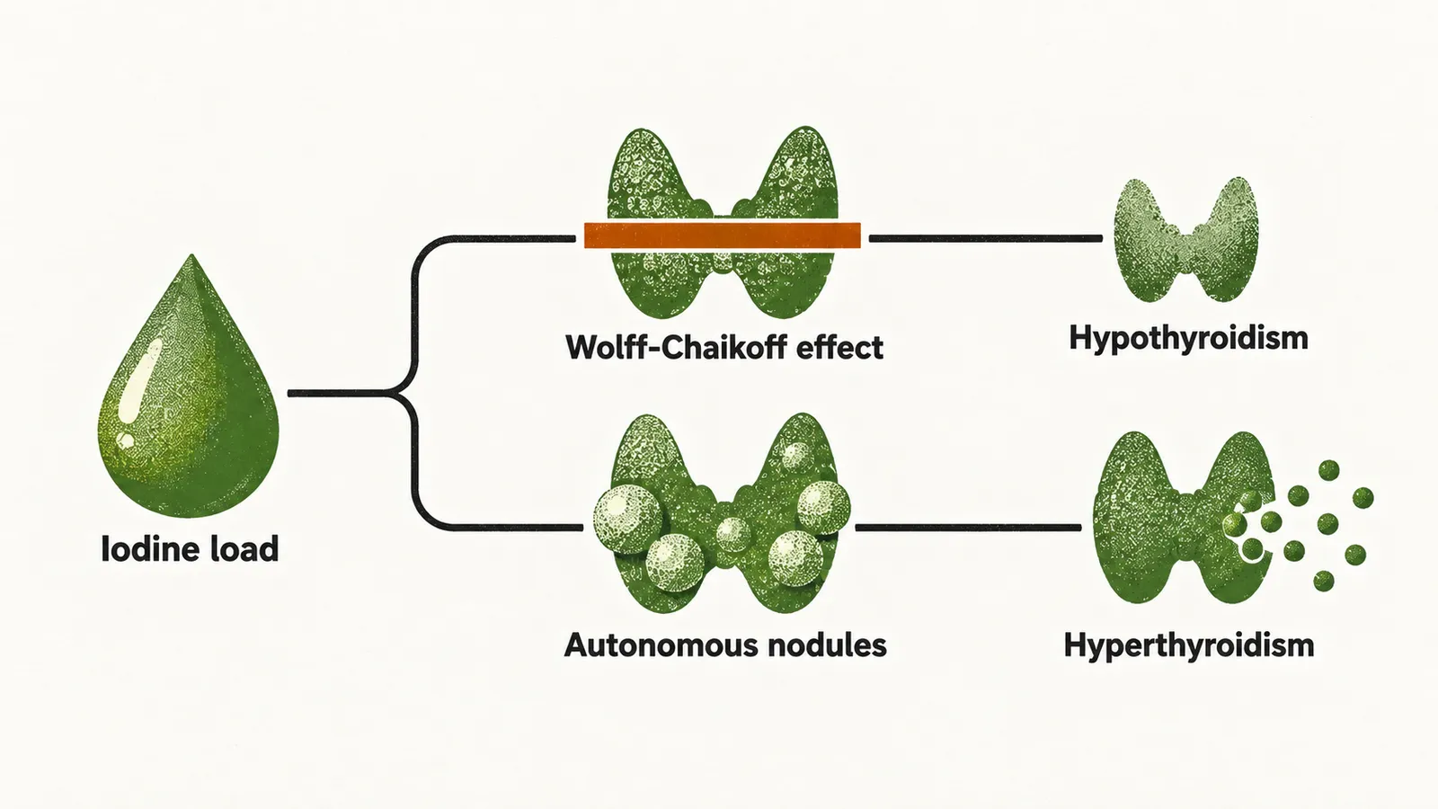 An iodine load branching to a gland that shuts down in hypothyroidism and to a nodular gland that overproduces in hyperthyroidism.