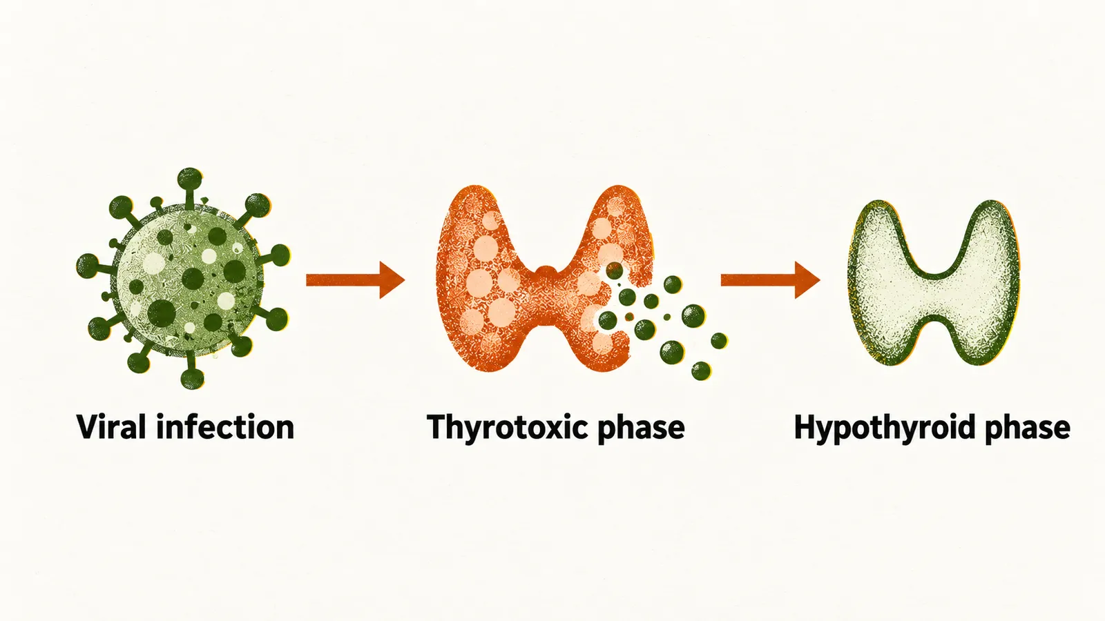 Three connected stages, from viral infection to a leaking gland in the thyrotoxic phase and an empty gland in the hypothyroid phase.