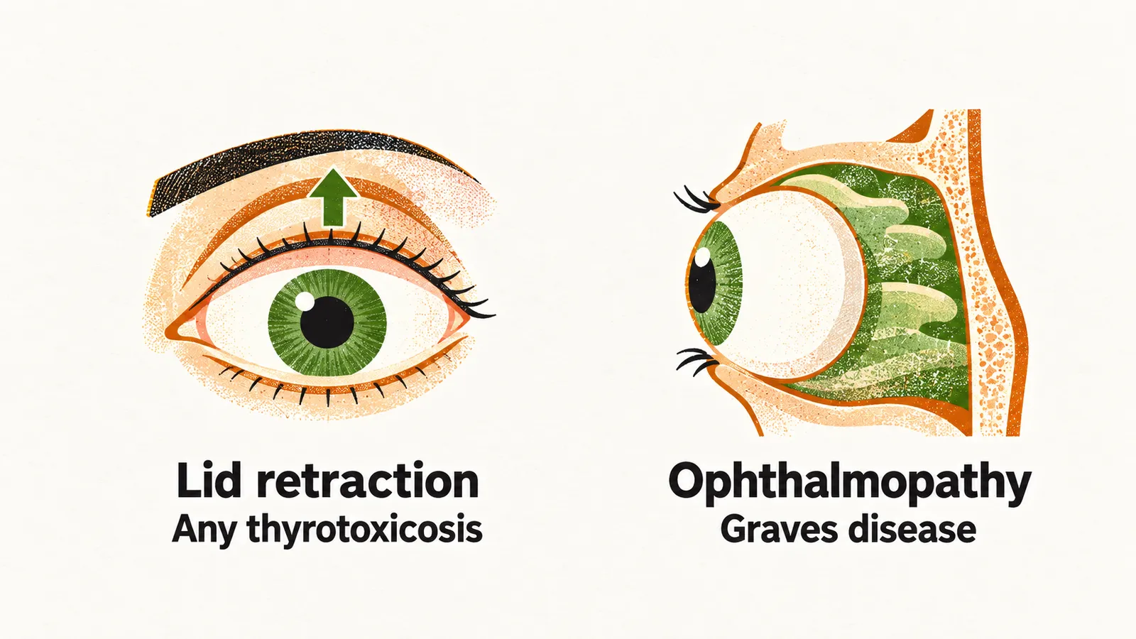 Two eye panels side by side, one with a raised lid seen in any thyrotoxicosis and one bulging with swelling behind it in Graves disease.